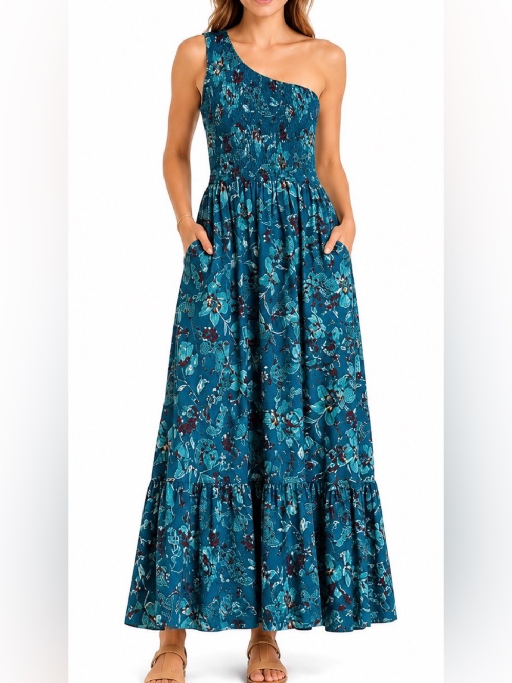 New! Band of the free one shoulder deep teal floral dress size small